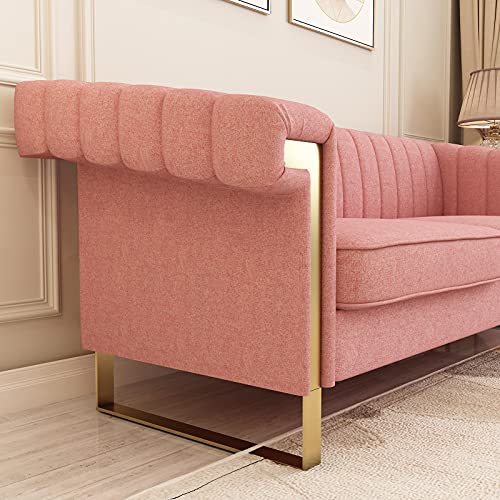 Chesterfield Sofa with Tufted Upholstered,Modern Velvet Couch with Flared Arms and Removable Cushions,83.85 Inch Width Living Room Furniture,Solid Wood Frame and Gold Legs,Pink