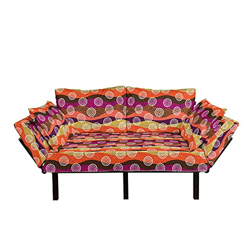 Lunarable Ethnic Futon Couch, Circles Pattern in Eastern Style Art Cultural Vibrant Color Palette, Daybed with Metal Frame Upholstered Sofa for Living Dorm, Loveseat, Orange Pink Yellow