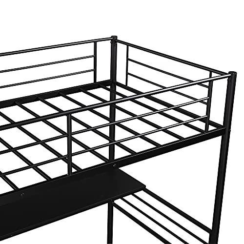 Metal Twin Loft Bed with Desk, Black Loft Bed Frame with Storage Shelves, Integrated Ladder and Safety Rails for Kids Teens Adults,Black