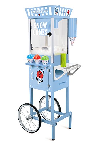 Nostalgia 54-Inch Tall Snow Cone Cart, Makes 72 ICY Treats, Includes Metal Scoop, 2 Syrup Bottles, 100 Paper Cups/Spoons, Storage Compartment, Wheels for Easy Mobility – Blue