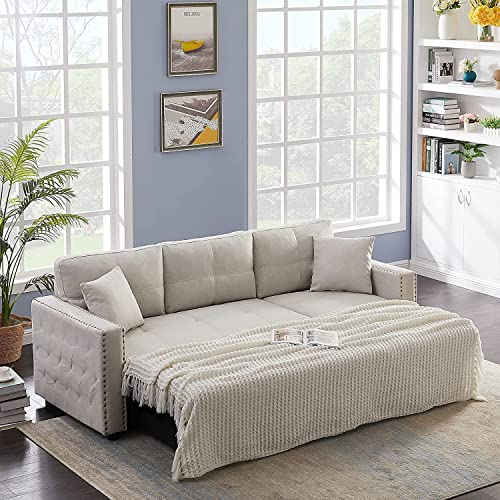 GAOPAN 4-Seat Modern Leathaire Sectional Reversible Storage Chaise Lounge, L-Shaped Pull-Out Sleeper Sofa Bed Rivet Decor for Home Living Room Compact Space Furniture, Beige