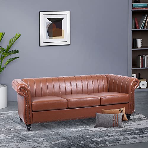 MIYZEAL Chesterfield Sofa Leather, Modern Upholstered Tufted Couch with Channel Back, Classic Scroll Arms Settee Living Room, 3 Seater Couch Furniture for Office (Brown)