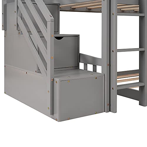 Twin Over Twin Bunk Beds with Slide and Storage Steps, Bunk Bed for Kids Toddlers, Playhouse Farmhouse Roof Guardrail Ladder 2 Drawers, for Girls/Boys, No Spring Box Required (Gray+Storage Steps)