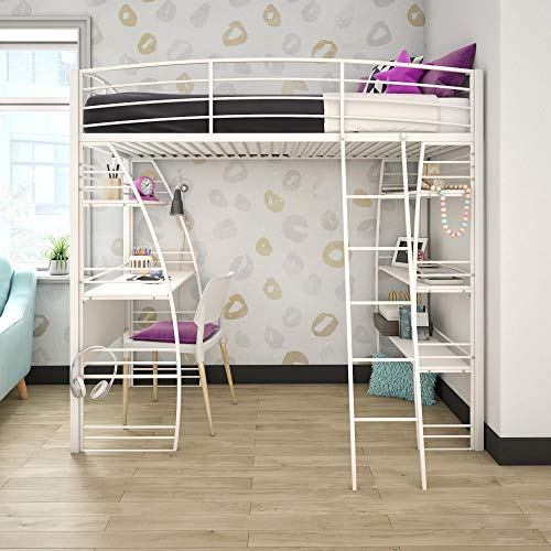 DHP Studio Loft Bunk Bed Over Desk and Bookcase with Metal Frame - Twin (White)