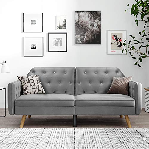 Livspace Sleeper Convertible Folding Sofa Bed Couch and Loveseat for Small Space with Side Pockets Armrest and Sturdy Legs Gray