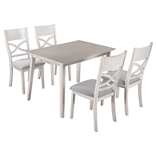 Farmhouse Rustic Dining Room Set of 5, 5-Piece Kitchen Dining Table Set with 4 Upholstered Padded Chairs