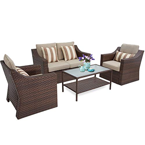 SUNCROWN 4 Piece Outdoor Furniture Set Patio Conversation Set All-Weather Wicker Chairs with Table Patio Sofa with Thick Cushion(Brown)