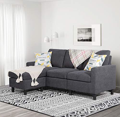 Shintenchi Convertible Sectional Sofa Couch, Modern Linen Fabric L-Shaped Couch 3-Seat Sofa Sectional with Reversible Chaise for Small Living Room, Apartment and Small Space, (Dark Grey)