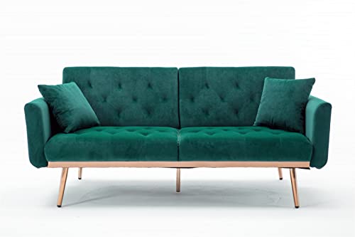 Velvet Loveseat Sofa, 2-Seater Convertible Futon Sofa Bed Sleeper with Golden Metal Legs, Modern Upholstered Sofa Couch Small Sofa for Small Spaces, Accent Chair for Living Room Bedroom Home, Green