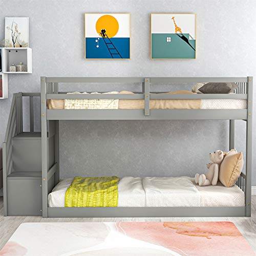 Twin Over Twin Floor Bunk Bed, Ladder with Storage, Wood Kids Bunk Bed, Gray
