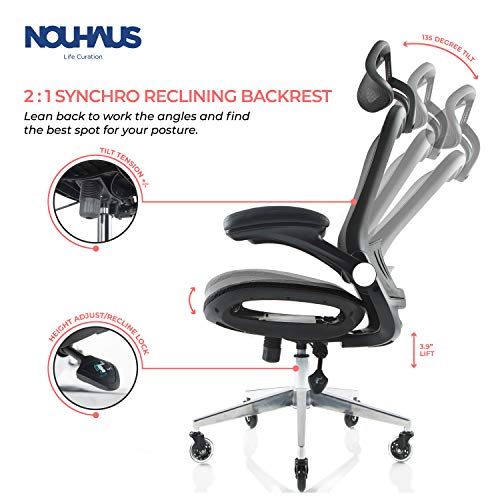 NOUHAUS ErgoFlip Mesh Computer Chair - Black Rolling Desk Chair with Retractable Armrest and Blade Wheels Ergonomic Office Chair, Gaming Chairs, Executive Swivel Chair/High Spec Base