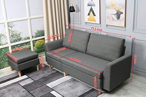 Best-Living Furniture Modern Linen Fabric L-Shaped Small Space Sectional Sofa with Stool, Reversible Chaise, in Grey