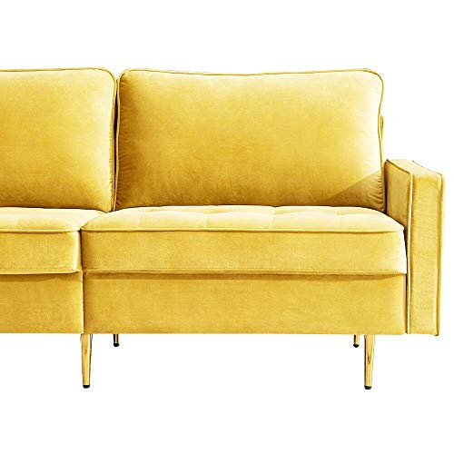 Rhomtree Mid Century Sofa Velvet Fabric Upholster Couch 71” Modern Futon Bench Loveseat Living Room Sofa with 2 Throw Pillows (Yellow)