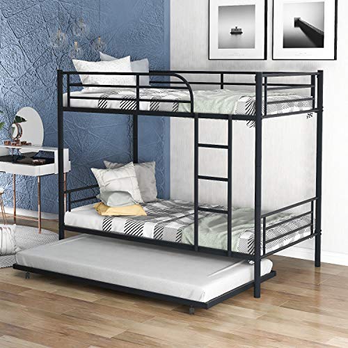Metal Bunk Bed with Trundle, Twin Over Twin Beds Can be Divided into Two beds, Heavy Duty Triple Bed Frame with Ladders & Safety Guard Rails（Black）