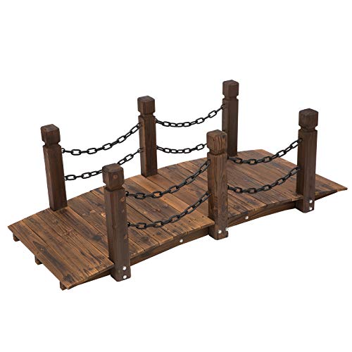 Outsunny 5 ft Wooden Garden Bridge Arc Footbridge with Metal Chain Railings & Solid Fir Construction, Stained Wood