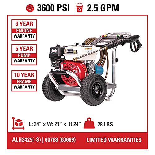 SIMPSON Cleaning ALH3425 Aluminum Gas Pressure Washer Powered by Honda GX200, 3600 PSI @ 2.5 GPM, Black & Red
