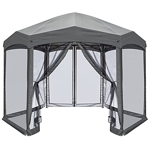 EAGLE PEAK 12' x 10' Pop-Up Portable 6 Sided Gazebo w/ Mosquito Netting Easy Center Push Canopy Shelter Instant Setup Outdoor Screen Tent (Gray)