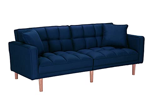 Futon Sofa Bed, Mid-Century Modern Convertible Couch Sleeper for Living Room Dark Blue Blue Convertible Sofa
