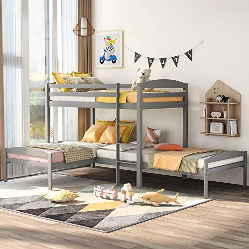 Twin Over Twin Over Twin Triple Bunk Beds for Kids, L-Shaped 3 Bunk Beds with Drawers, No Box Spring Needed