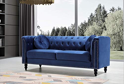 Container Furniture Direct Kittleson Mid Century Velvet Upholstered Nailhead Chesterfield, Sofa, Ultra Blue