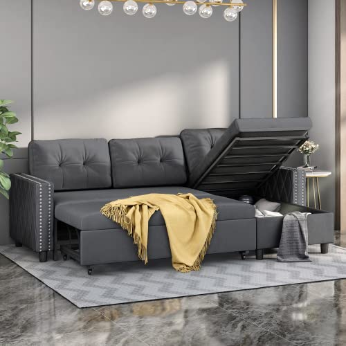 Mjkone Sectional Sleeper Sofa with Large Chaise Storage,Velvet Reversible Pull Out Couch Sofa Bed,L-Shape Sectional Sleeper Sofa(Dark Grey)