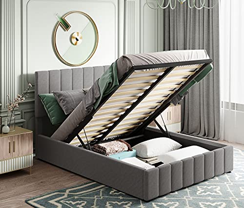 Full Upholstered Platform Bed Underneath Storage, Wooden Bed Frame with Hydraulic Storage System, Platform Bed Frame with Gas Lift up Storage, Headboard for Bedroom Grey