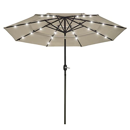 Pool Barbecue Seaside Large Umbrella For Patio Led Lighted Offset Push Button Tilt Outdoor Table Market Umbrella Solar Powered Garden Lawn Beach Deck Backyard,Beige