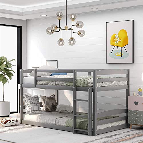 Twin Over Twin Bunk Bed ,Low Bunk Beds for Kids ,Wood Bunk Beds with Built-in Ladders, Can be Separable,No Box Spring Needed ,Grey