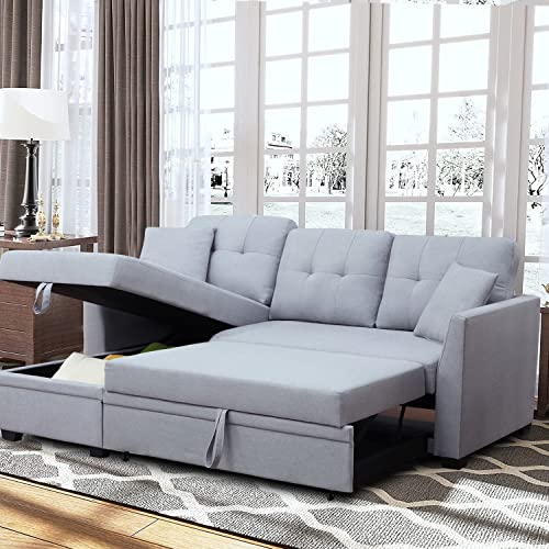 Sectional Sofa Sleeper Sectional Couch with Pull-Out Bed L Shaped Modern Sectional Sofa Bed with Storage Chaise Lounge for Living Room, Light Grey