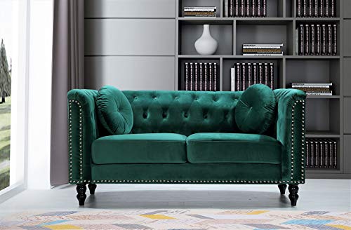 US Pride Furniture High Density Foam 64.17'' Wide Emerald Green Velvet Rolled Arm Chesterfield Living Room Loveseat with Removable Cushion & Solid Wood Legs (S5608-5613) Sofas