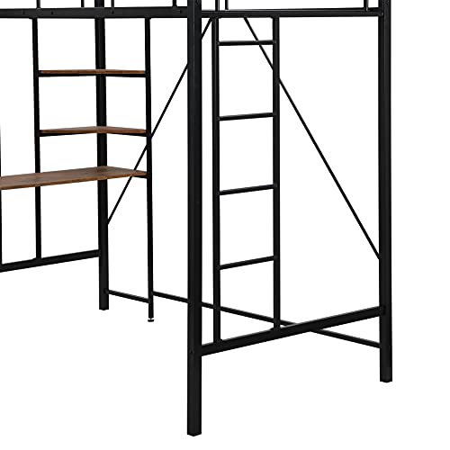 Harper & Bright Designs Metal Twin Loft Bed with Desk, Space-Saving High Loft Bed with Build-in 2 Ladders and Shelves for Teens , Heavy Duty Metal Loft Bed ,No Box Spring Needed (Black)
