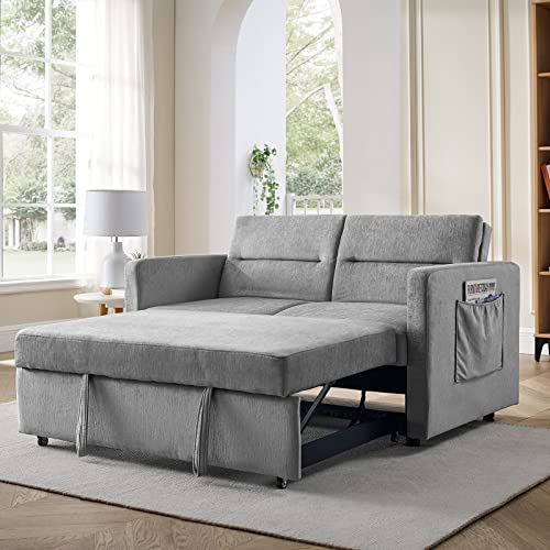 Convertible Sleeper Sofa Bed, Antetek Modern Loveseat Sleeper Sofa Couch with Pull-Out Bed, Small Love seat Sofa Bed with Adjustable Backrest and 2 Side Pockets for Living Room (Grey)