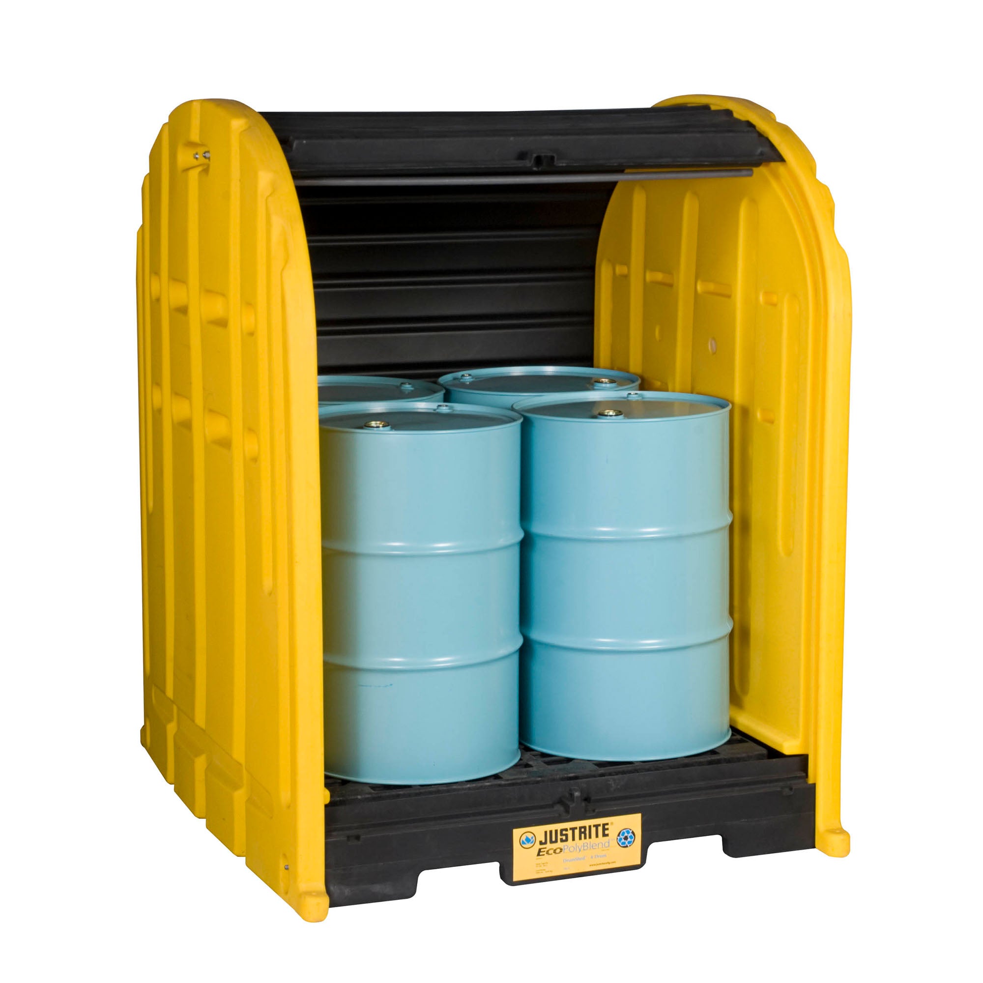Justrite EcoPolyBlend™ DrumShed™ with Rolltop Doors, Accommodates 4 Drums, Polyethylene