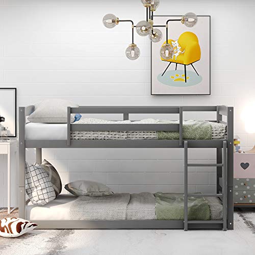Twin Bunk Beds for Kids, Wood Bunk Bed Low Profile with Built-in Ladders, No Box Spring Needed
