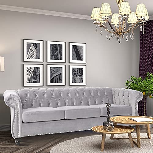 AVZEAR 3 seat Sofa, Velvet Sofa Living Room Sofa Large Sofa Modern Chesterfield Fabric Modern 3 Seater Couch Furniture Classic Tufted Chesterfield Settee Sofa, Grey