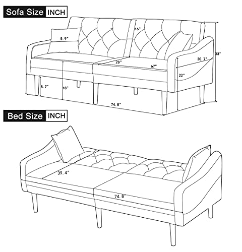 Velvet Futon Sofa Bed with 2 Pillows, Modern Sleeper Sofa with 3 Inclined Angles, Living Room Couch with 6 Solid Wood Legs, Convertible Loveseat for Small Space, Blue