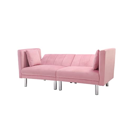 Futon Sofa, Loveseat Sofa, Convertible Sleeper Pink Velvet, with Metal Legs and Detachable Armrests