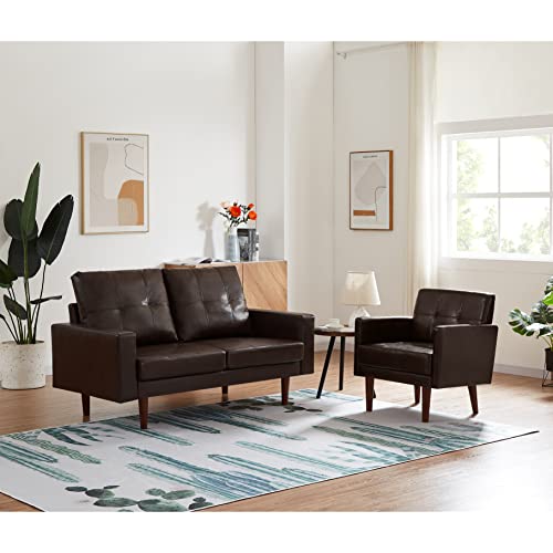 Zushule Faux Leather Couch and Chair Set for Living Room - Mid Century Modern Furniture Sets - Comfy Couches and Chairs - Accent Armchair and Love Seat (Brown, Chair+Love Seat)