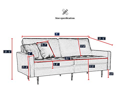 Rhomtree Mid Century Sofa Velvet Fabric Upholster Couch 71” Modern Futon Bench Loveseat Living Room Sofa with 2 Throw Pillows (Yellow)