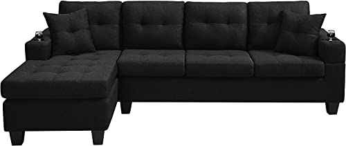 GAOJUCHUANG Sectional Sofa with Reversible Left/Right Chaise Lounge and 2 Cup Holders, 4-Seat L-Shaped Couch for Home Apartment Living Room Compact Space Furniture, Gray