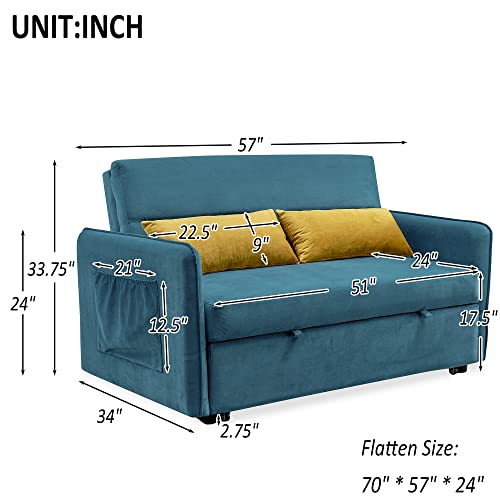 Merax Sleeper Couch Small Sofa for Living Room or Bedroom Including Pull Out Bed Sofabed, Compact, Velvet Blue