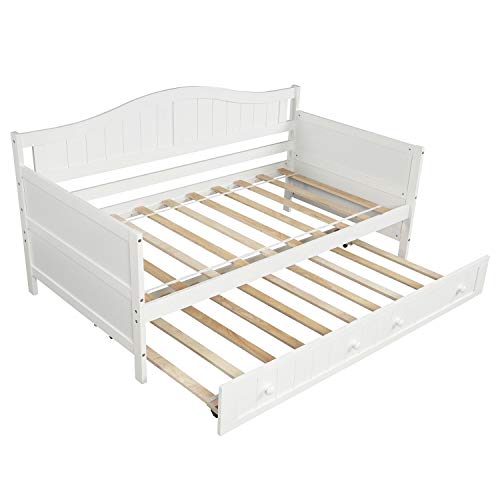 Twin Wooden Daybed with Trundle, Sofa Bed for Bedroom Living Room, Harper&Bright Designs Wood Daybed with A Trundle, Trundle Daybed Twin Size, Standard Twin Bed Frame Ship from USA (White)