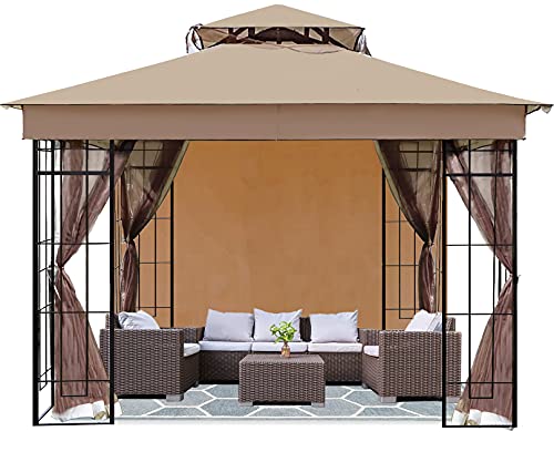 CoastShade 10x10 Outdoor Garden Gazebo for Patios,Shade and Rain for Lawn Backyard and Deck, 4 Corner Shelves and Soft Top Metal Frame with 1 sidewall and 4 Netting Includes,Khaki