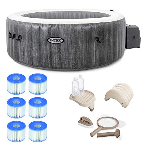 Intex 28439E Greywood Deluxe 4 Person Inflatable Spa/Hot Tub w/ LED Light & 3 Pack Type S1 Pool Filter Cartridges w/ Attachable Cup Holder and Refreshment Tray & Inflatable Headrest & Maintenance Kit
