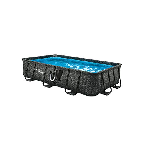 Summer Waves P41408361 14 x 8 Foot 36 Inch Deep Dark Herringbone Print Liner Elite Metal Frame Rectangular Above Ground Family Backyard Pool w/ SFX600 SkimmerPlus Filter Pump & SureStep Ladder, Grey