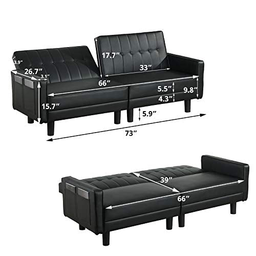 BINGTOO Futon Sofa Bed- Loveseat Sofa Sleeper with Adjustable Backrest- Convertible Chair Sleeper Bed for Compact Living Space, Apartment, Dorm- Leather Sleeper Sofa Bed Couch (Black)