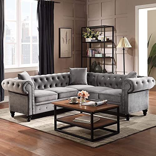 Soft Tufted Velvet Upholstered Sectional Sofa Couch Modern Classic Chesterfield Sofa Set Corner 5 Seater Couch Futon Modular Sofabedwith 3 Pillows for Living Room Grey
