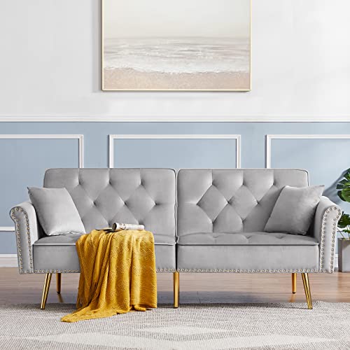 Loveseat Convertible Sleeper Sofa, Modern Velvet Futon Sofa with 2 Pillows, Modern Armchair Accents Couch Metal Legs Lounge Chairs for Living Room