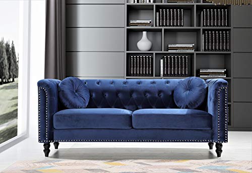 US Pride Furniture Modern Style High Density Foam 75.98'' Wide Dark Blue Velvet Rolled Arm Chesterfield Living Room Removable Cushion & Solid Wood Legs (S5608-5613) Sofas