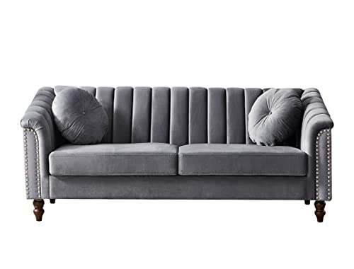 HomSof Modern Velvet Upholstered Couch, 3 Seat Tufted Back with Nail Arms, Solid Wood Legs, Sleeper Sofa, Compact Living Space, Apartment, Bonus Room, Loveseat, Grey